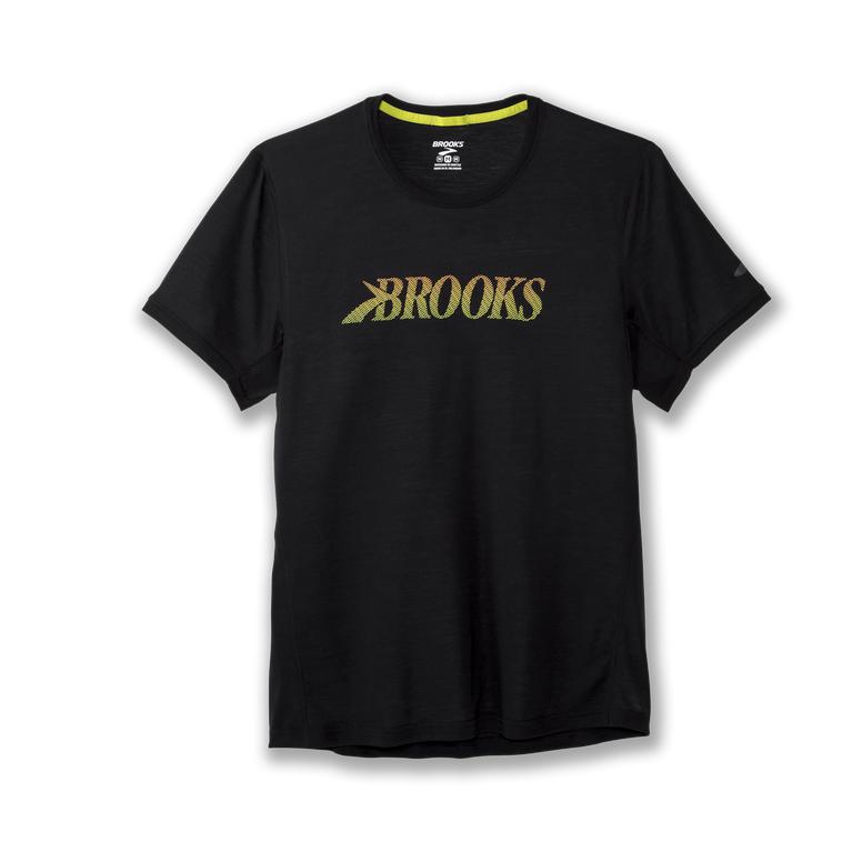 Brooks Men's DISTANCE GRAPHIC Short Sleeve Running Shirt - Black/GreenYellow/Flying B - Canada (MUYO